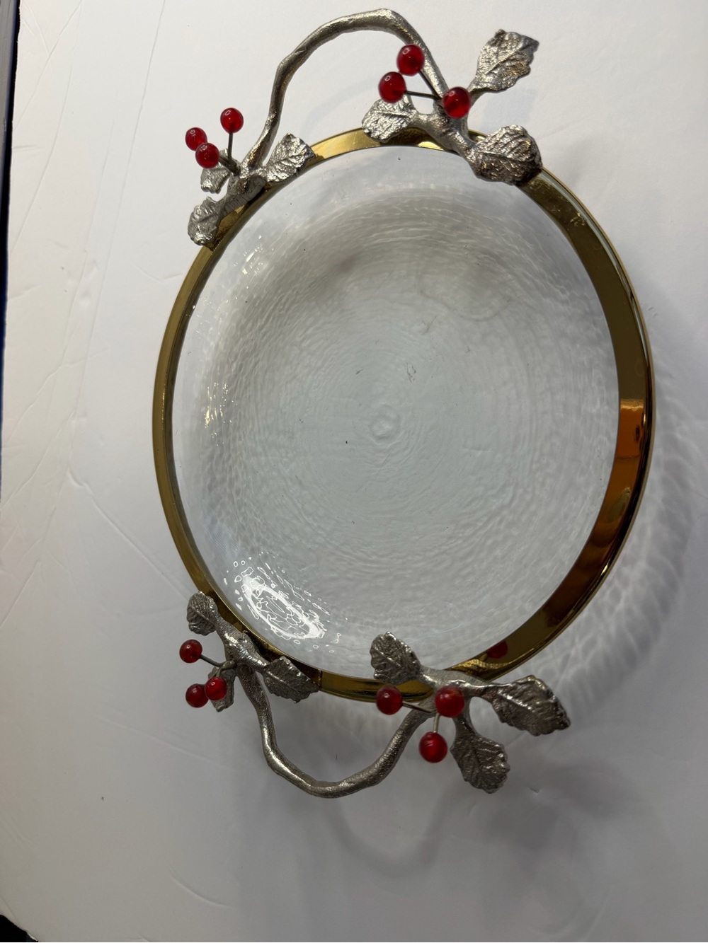 Vtg Clear Glass Dish, Sculptured, Metal Frame 
adorned With Red Berries READ - Picture 2 of 16